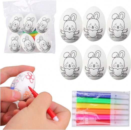 Set of polystyrene Easter eggs for painting with bunny design, 6 pcs with markers