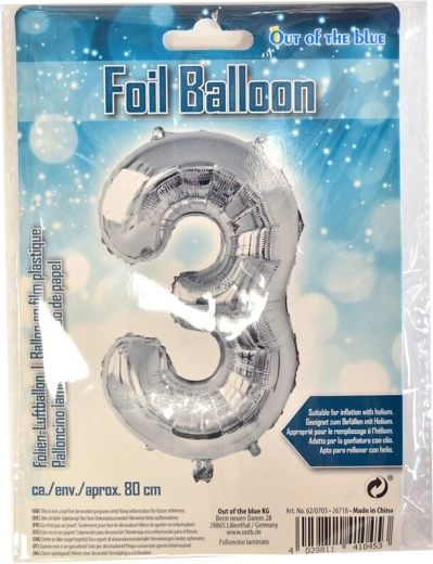 Silver foil balloon number 3, 80 cm