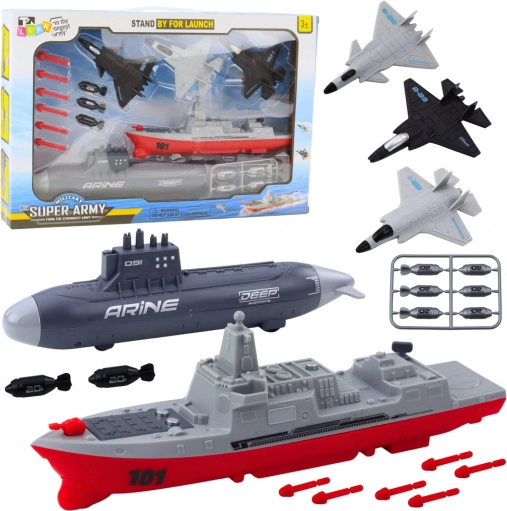 Children's military set with aircraft carrier, submarine, and fighter jets