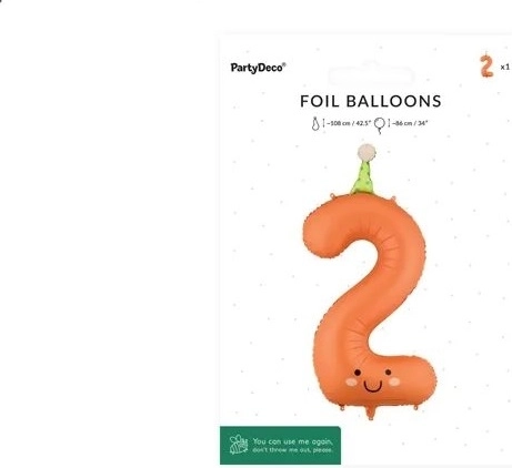 PartyDeco folieballon cijfer 2 oranje met gezicht 86 cm