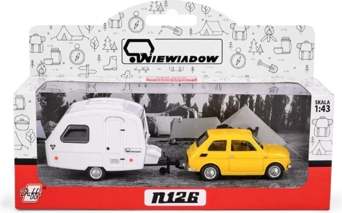 Fiat 126p met gele caravan-aanhanger Niewiadów (1:43)