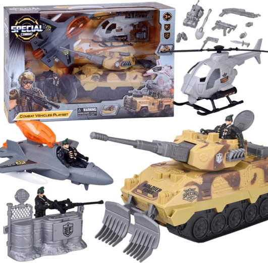 Large military set – tank, fighter jet and helicopter with soldier figure
