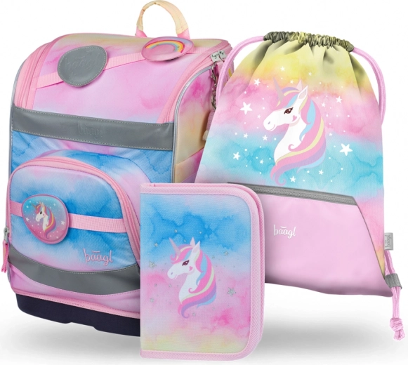 Set 3 BAAGL Zippy plus Rainbow Unicorn: backpack, pencil case, and pouch