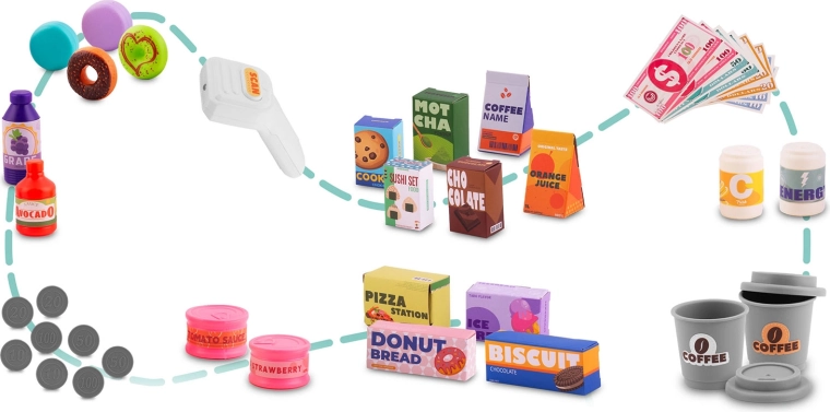 Riche ensemble d’accessoires pour jouer à la marchande