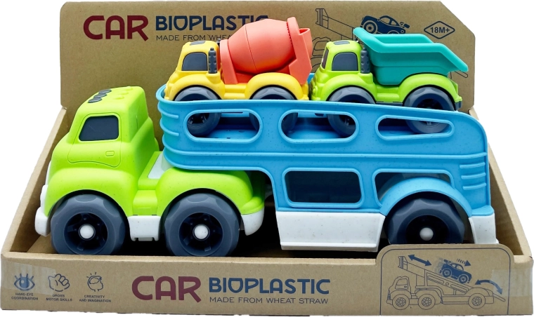 Bioplastische autotransporter met 2 autootjes (betonmixer en kiepwagen) 37 cm