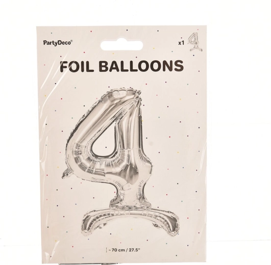 Standing foil balloon number 4, silver, 70 cm