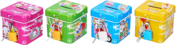 Tin money box with lock, cube 6.5 × 6 cm, multiple colors