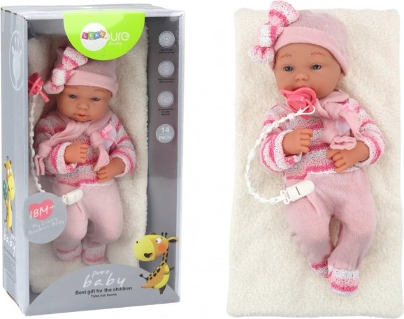 Pink baby doll with striped sweater, hat, scarf and accessories, 35 cm