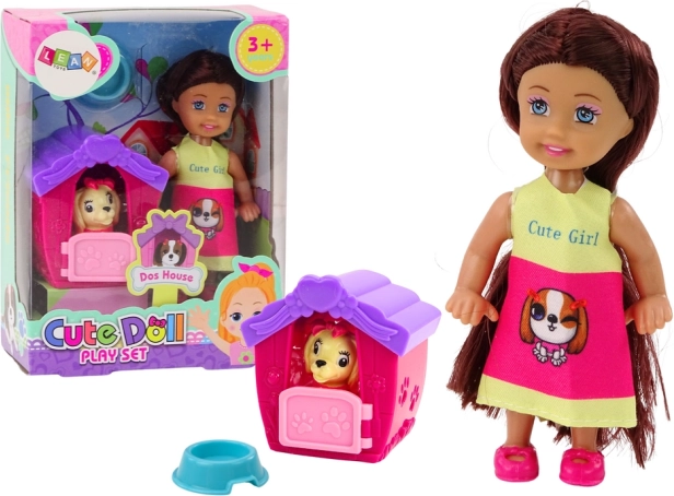 Mini doll with long hair and colorful skirt with dog and kennel