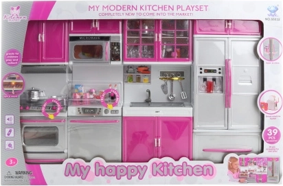 Kids’ modern play kitchen with battery accessories, 39 pieces