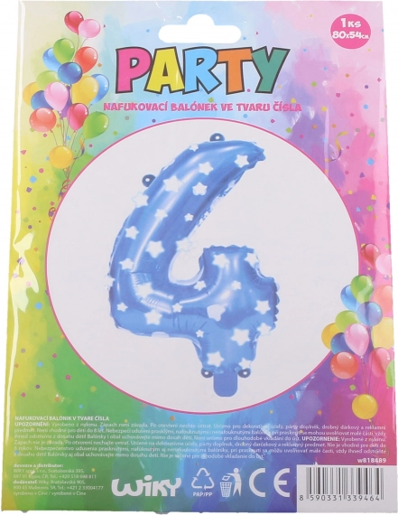 Inflatable number 4 balloon, blue with stars