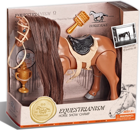 Riding brown horse with sound and accessories