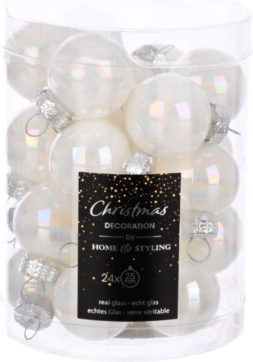 Glass Christmas baubles, pearl white, 2.5 cm, 24 pcs