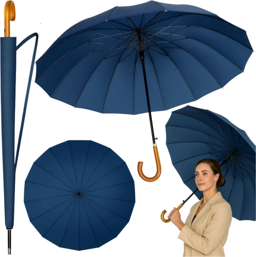 Grote automatische lange paraplu met 24 baleinen, marineblauw, 115 cm met schouderhoes