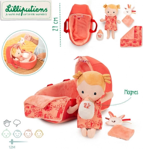 Lilliputiens – baby doll Lena in a basket with lovey and bottle, 12 m+