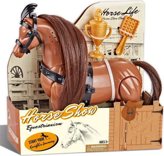 Cheval d’équitation marron avec accessoires et son