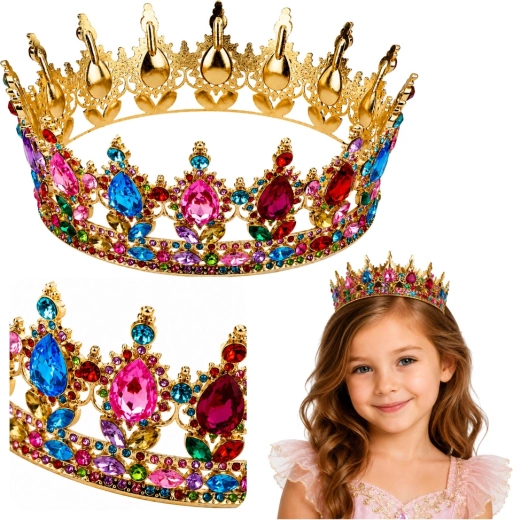 Golden metal princess crown with colorful crystals (12.5 cm)