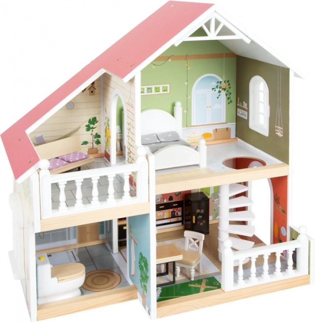 Wooden dollhouse with terrace