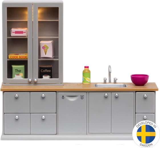 Dollhouse kitchen furniture set with sideboard and LED lighting (Lundby)