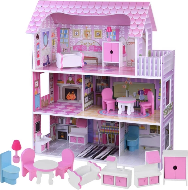 Pink wooden dollhouse with furniture and LED lighting