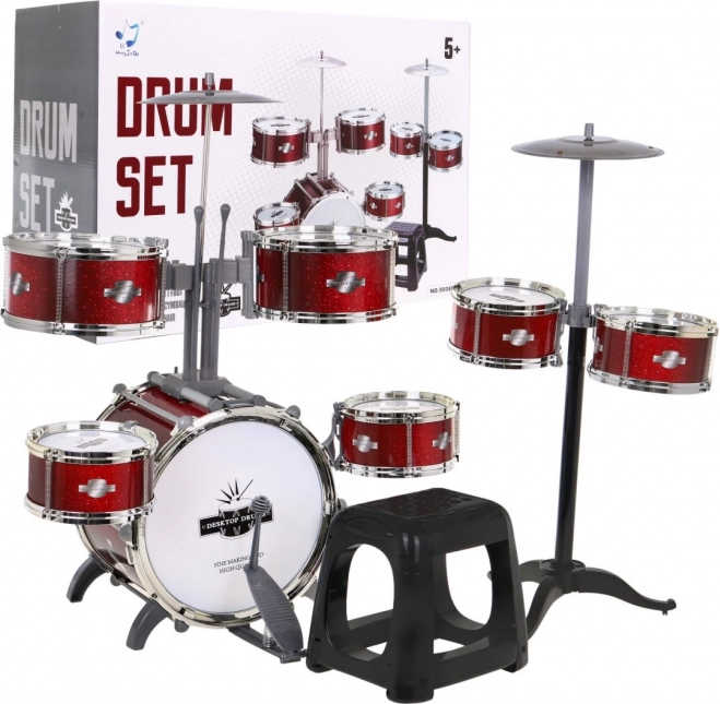 Rode drumstel met 7 drums + kruk + 2 bekkens + 2 drumstokken - 12 onderdelen