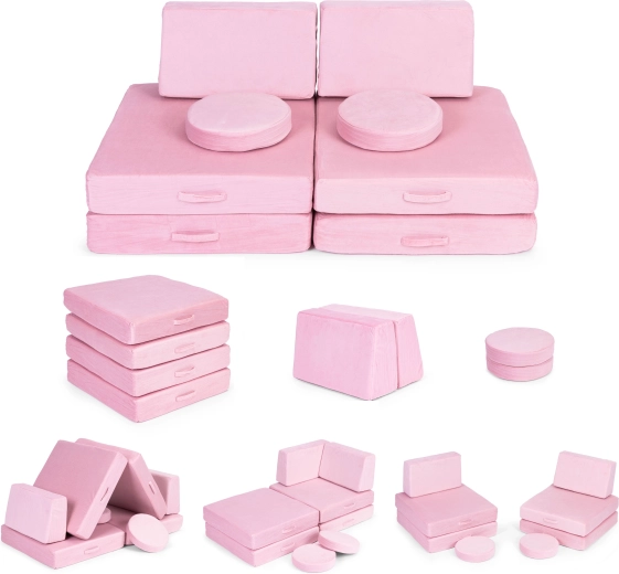 Large folding modular DIY sofa for kids, 8 soft cushions - pink ECOTOYS