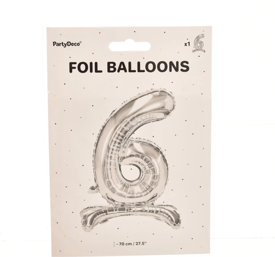 Standing foil balloon number 6, silver, 70 cm
