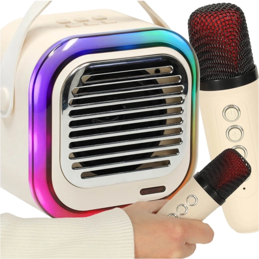 Karaoke-Set mit 10-W-Bluetooth-Lautsprecher, 2 kabellosen Mikrofonen und RGB-LED – cremefarben
