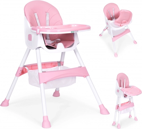 High chair with tray and basket, 5-point harness, ECOTOYS – Pink