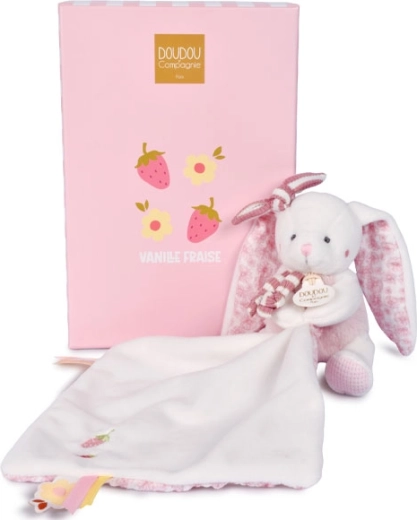 Coffret cadeau Doudou : lapin en peluche avec couverture, 10 cm, rose