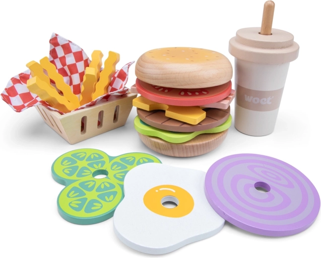Holzset für Fast Food – Hamburger, Pommes und Milchshake