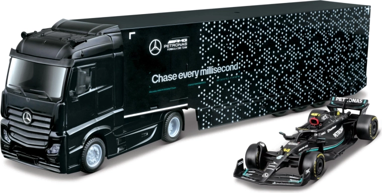 Bburago camion avec remorque de transport F1 et modèle Mercedes-AMG Petronas W15 (2024) George Russell 1:43