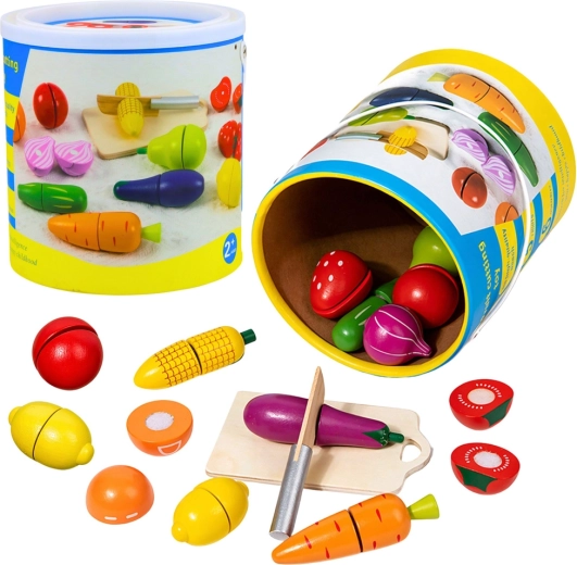 Wooden Cutting Fruit and Vegetable Set with Cutting Board, Knife and Bucket