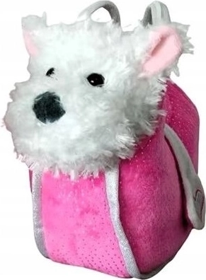Plush West Highland White Terrier dog in a pink handbag