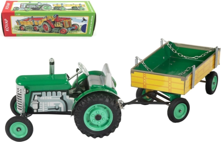 Tracteur Zetor avec remorque à plateau à clé en métal 28 cm KOVAP – Vert
