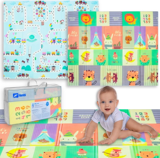 Humbi double-sided foldable foam play mat for children 180 × 150 × 1 cm with animals and roads