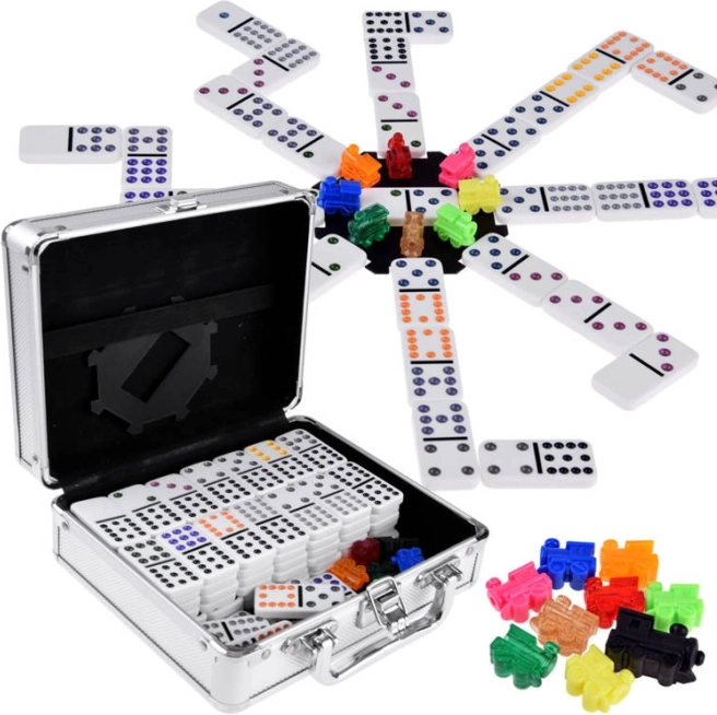 Domino- en Mexican Train-spelset met metalen koffertje