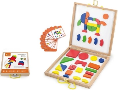 Jeu de construction magnétique en bois dans une mallette, 42 pièces, 3+