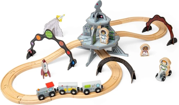Complete wooden train set with rich accessories