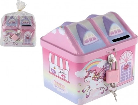Spaarpot huisje Eenhoorn blik met slot roze