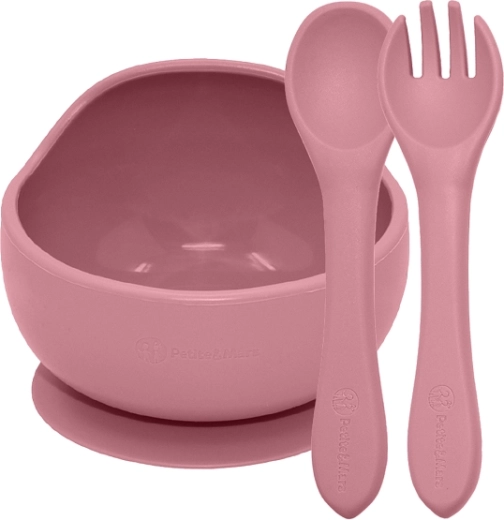 Petite&Mars Silikon-Ess-Set Take&Match: Schüssel mit Saugnapf + Besteck Dusty Rose (6m+)