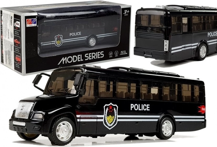 Politiebus met verlichting en geluiden, zwart (pull-back)