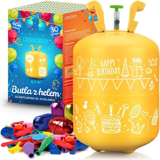 Bouteille d’hélium 0,20 m³ avec ballons et ruban Ricokids