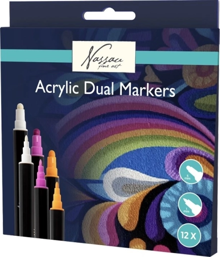 NASSAU Dual-Tip Acrylic Markers, Set of 12 Colors