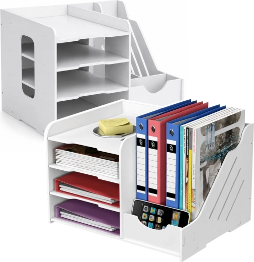 Wooden desktop document organizer and file holder, white