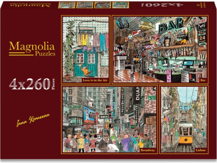 Puzzle Magnolia « L’amour est dans l’air », bar rétro, Broadway et ruelles de Lisbonne 4×260 pièces