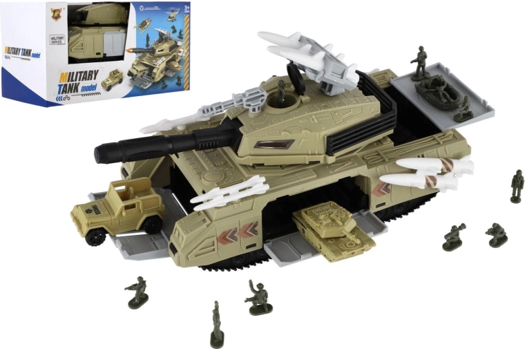 Plastic military tank with accessories, freewheel, 25 cm