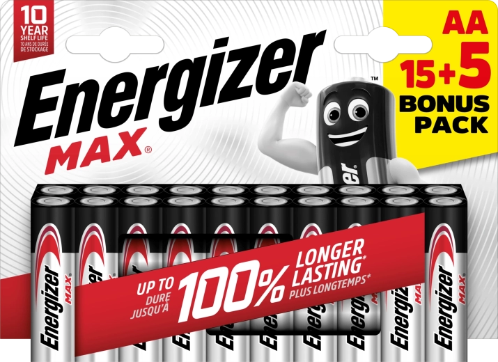 Piles alcalines Energizer Max AA, lot de 20