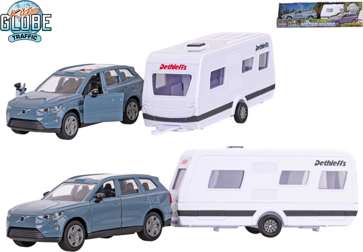 Kids Globe Traffic Volvo EX90 met Dethleffs-caravan – metalen model met pull-back aandrijving