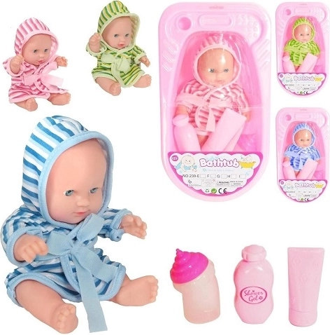 Baby doll in a bathtub with accessories